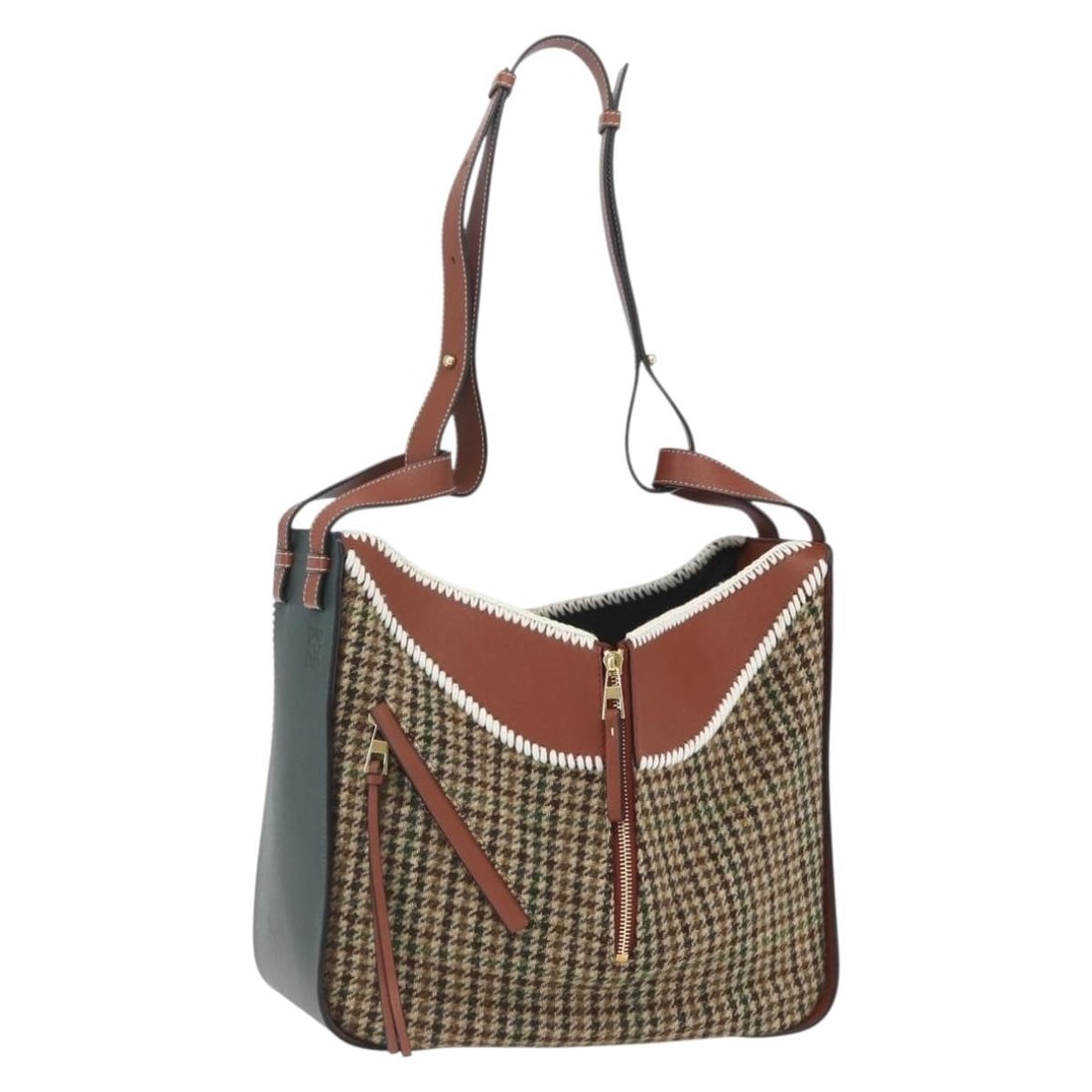 Medium Wool Hammock Satchel by Loewe in Brown and Gold with Dust Bag: Medium Wool Hammock Satchel by Loewe in Brown and Gold with Dust Bag This LOEWE Hammock Medium handbag features a brown and gold exterior crafted from wool. The bag offers a spacious interior and come