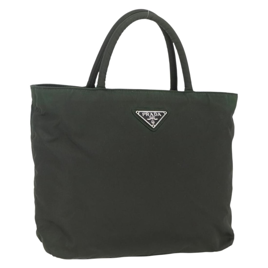 Khaki Silver Prada Nylon Handbag BA9861 Made in Italy: Khaki Silver Prada Nylon Handbag BA9861 Made in Italy This PRADA hand bag features a khaki nylon exterior with silver-tone accents. Made in Italy, it has a compact size suitable for daily use. The bag