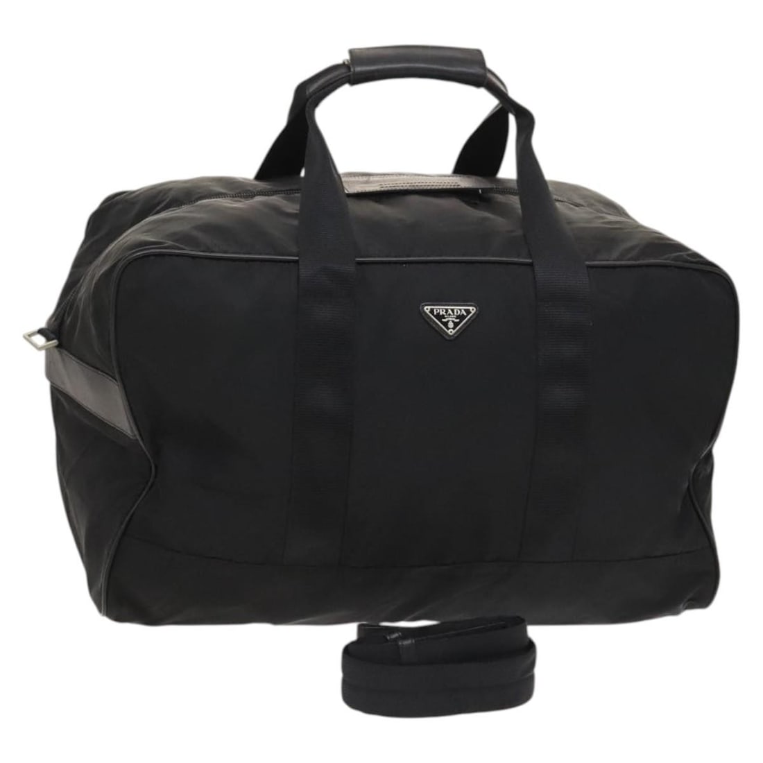 PRADA Authentic Black Silver Nylon Boston Bag 2way Made in Italy: PRADA Authentic Black Silver Nylon Boston Bag 2way Made in Italy This authentic PRADA Boston Bag showcases a sophisticated blend of style and functionality. Crafted from durable nylon, this elegant ba
