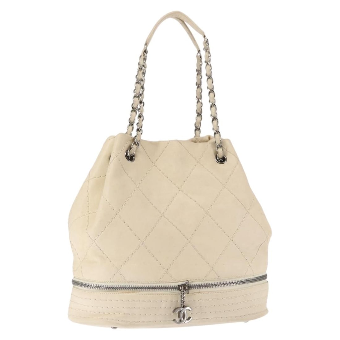 CHANEL Wild Stitch Ivory Silver Leather Shoulder Bag Auth 146532 (1 of 18)