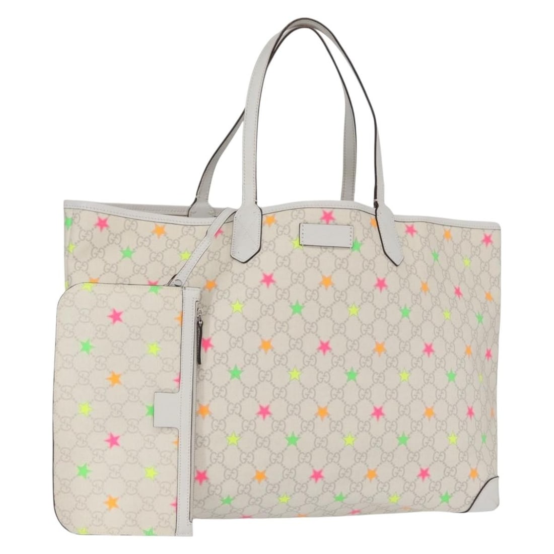 White PVC GG Supreme Star Tote with Pouch by Gucci Model 309407: White PVC GG Supreme Star Tote with Pouch by Gucci Model 309407 This GUCCI GG Supreme Star Tote Bag is crafted from white PVC leather and GG canvas. The tote features dual handles with a drop of appro