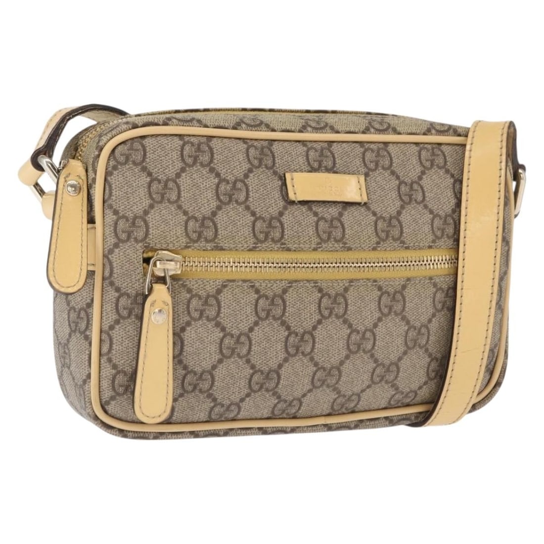 Gucci 201447 Beige GG Supreme PVC Leather Shoulder Bag: Gucci 201447 Beige GG Supreme PVC Leather Shoulder Bag This GUCCI GG Supreme shoulder bag features a beige and gold colorway with PVC leather and GG canvas exterior. The bag is made in Italy and is pa
