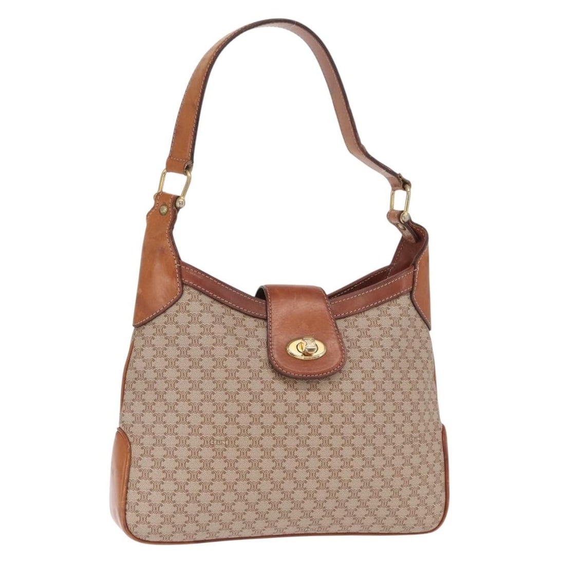 Celine Macadam Beige PVC Canvas Shoulder Bag Gold Accents Italy: Celine Macadam Beige PVC Canvas Shoulder Bag Gold Accents Italy This CELINE Macadam Canvas shoulder bag features a beige and gold color scheme with PVC leather and signature Macadam canvas exterior. M