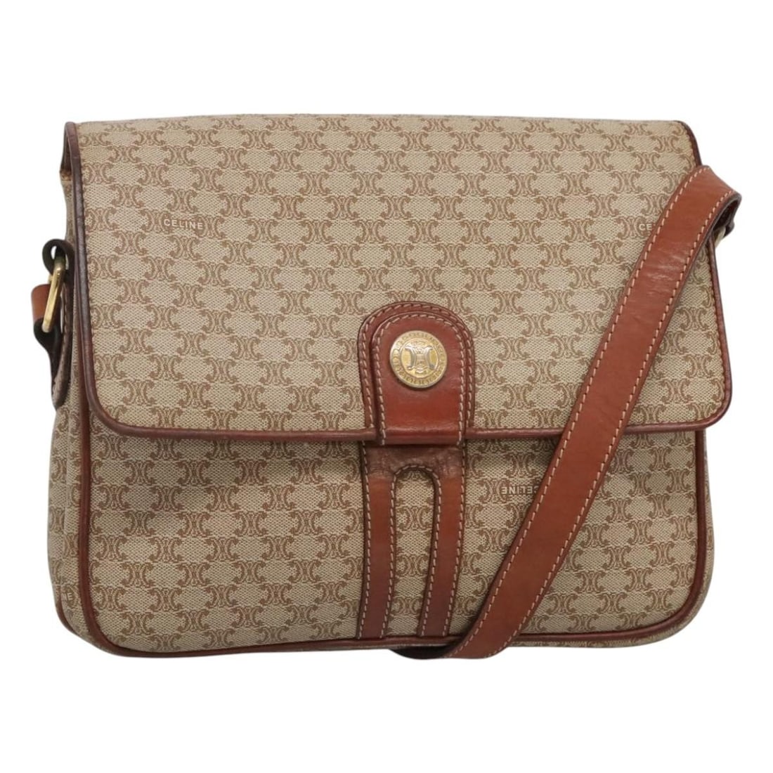 CELINE Beige Gold PVC Macadam Canvas Shoulder Bag Italy Auth: CELINE Beige Gold PVC Macadam Canvas Shoulder Bag Italy Auth This Celine Macadam Canvas Shoulder Bag is a stylish accessory crafted from durable PVC leather in a chic beige and gold color combination.