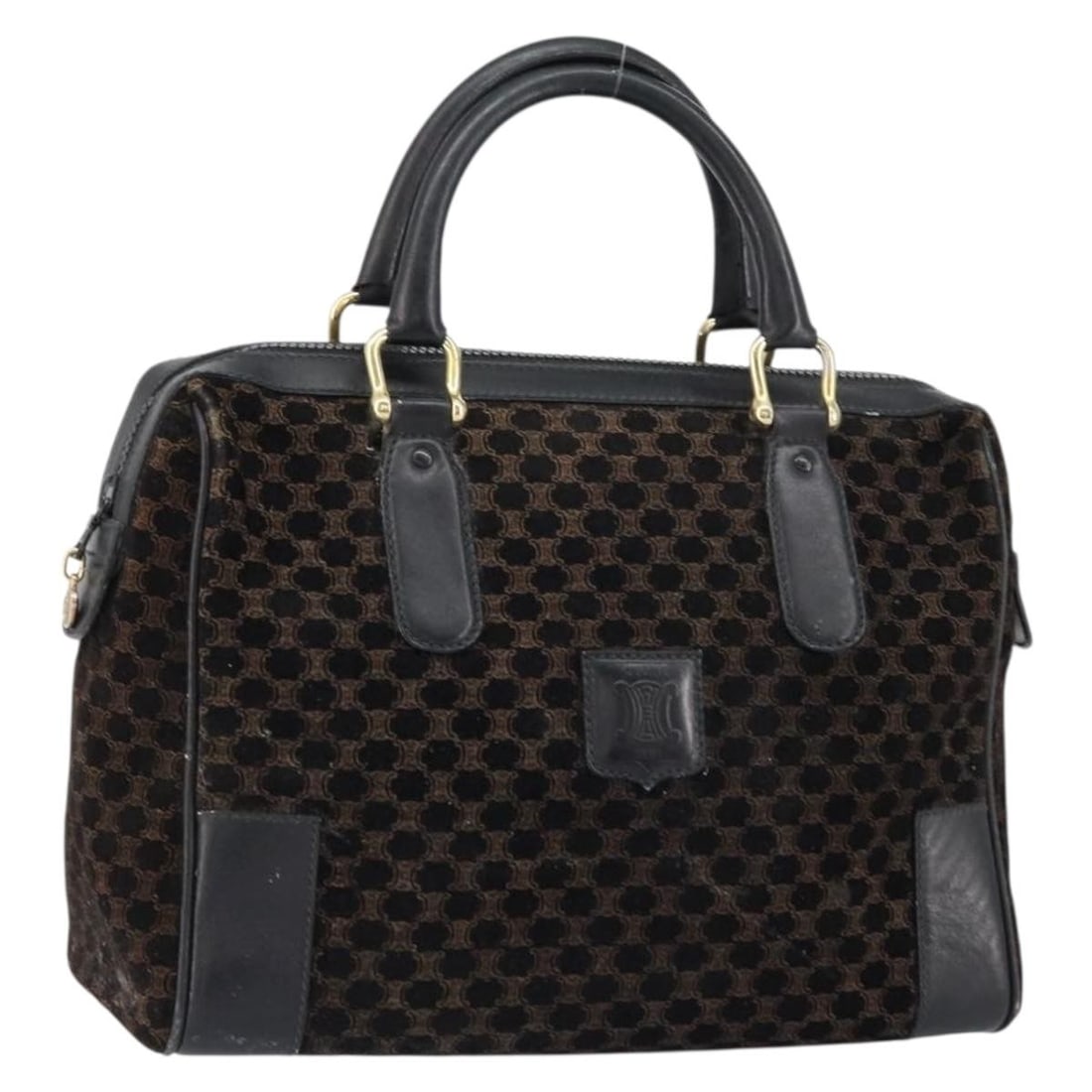 CELINE Black Gold Suede Macadam Hand Bag Authentic Italy: CELINE Black Gold Suede Macadam Hand Bag Authentic Italy This authentic CELINE Macadam Canvas Hand Bag showcases a luxurious blend of suede and Macadam canvas in an elegant black and gold color scheme
