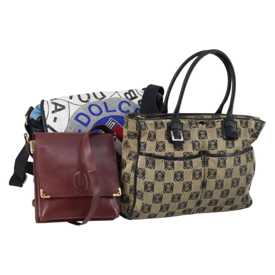 CARTIER Brown Bordeaux Leather Canvas Shoulder Bag Set of 3 Auth BA8267: CARTIER Brown Bordeaux Leather Canvas Shoulder Bag Set of 3 Auth BA8267 This authentic CARTIER shoulder bag showcases a stylish combination of brown, bordeaux, and blue hues crafted from leather. Desi