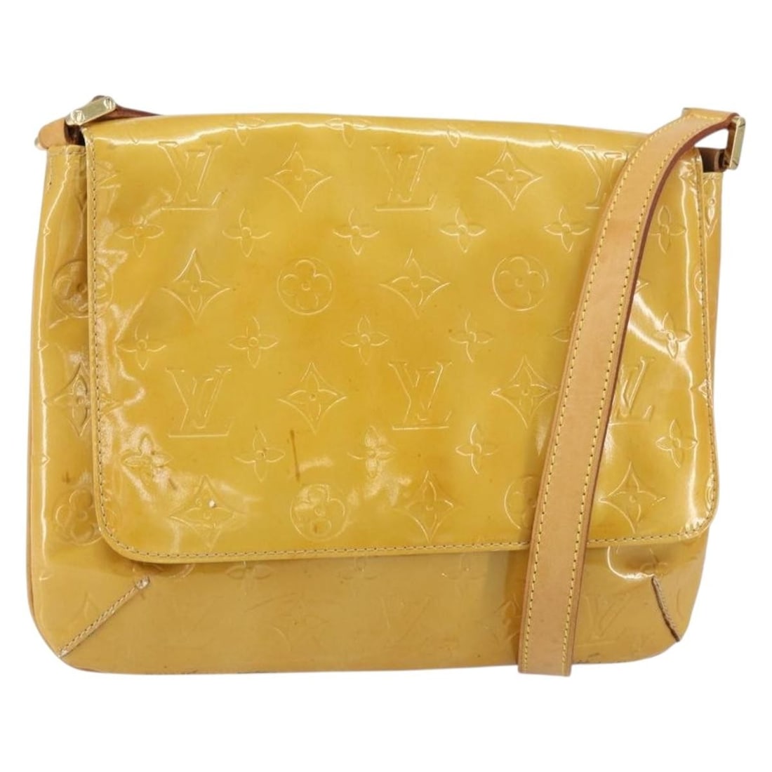 Beige Monogram Vernis Thompson Street Shoulder Bag by Louis Vuitton M91301: Beige Monogram Vernis Thompson Street Shoulder Bag by Louis Vuitton M91301 This is a Louis Vuitton Monogram Vernis Thompson Street shoulder bag in beige patent leather. Made in Spain, the bag features
