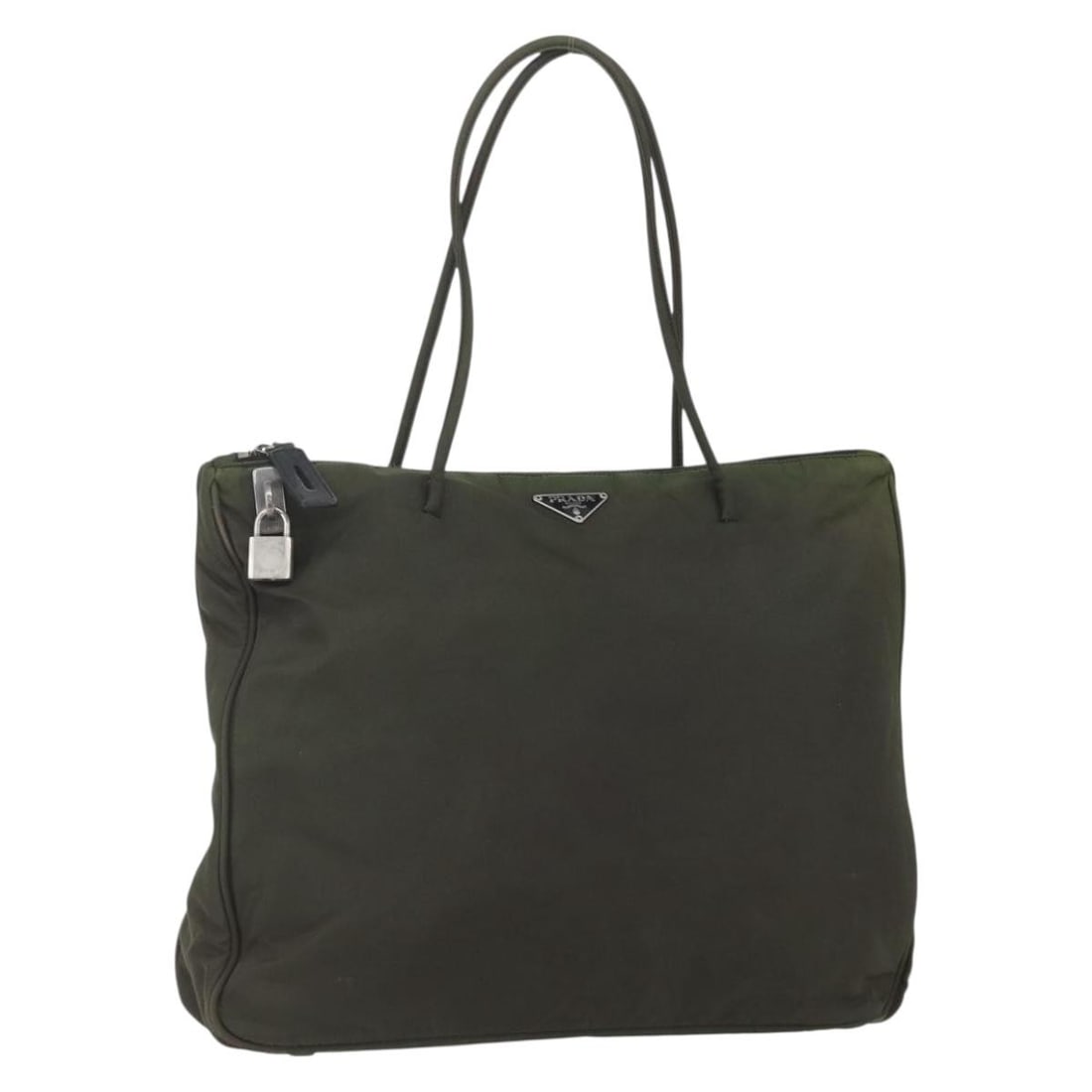 PRADA Green Silver Nylon Tote Bag with Padlock Authentic 155497: PRADA Green Silver Nylon Tote Bag with Padlock Authentic 155497 This authentic PRADA Tote Bag showcases a stylish blend of green and silver nylon, making it a versatile accessory for any occasion. Man
