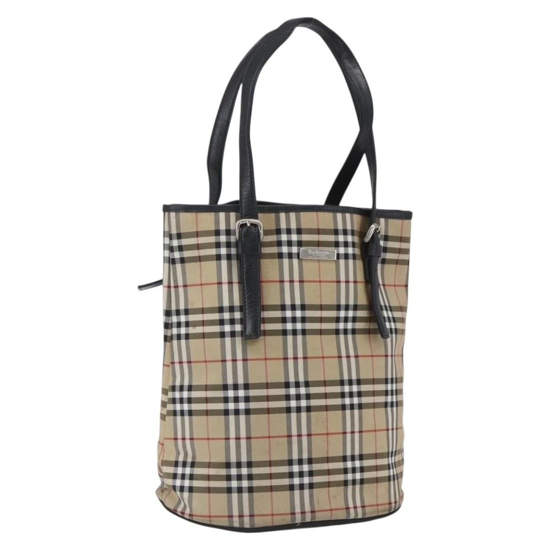 Beige Nylon Tote with Nova Check Blue Label by Burberrys: Beige Nylon Tote with Nova Check Blue Label by Burberrys This Burberrys Nova Check Blue Label tote bag features a beige and silver nylon exterior with signature Nova Check design. The tote bag offers