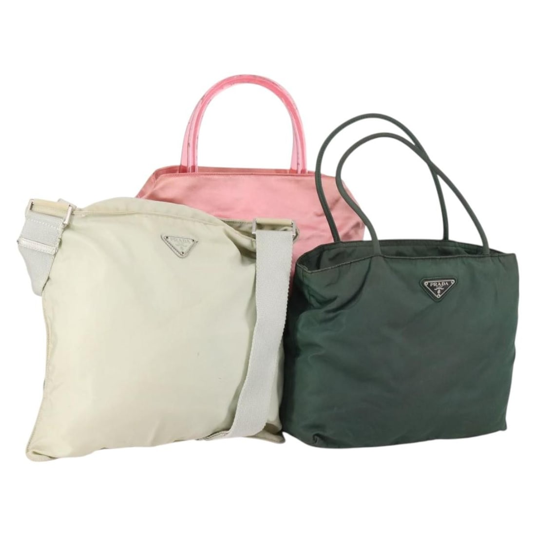 PRADA Nylon Shoulder Bag 3Set Beige Green Pink Made in Italy: PRADA Nylon Shoulder Bag 3Set Beige Green Pink Made in Italy This PRADA Shoulder Bag is crafted from durable nylon, featuring a stylish blend of beige, green, and pink colors. Made in Italy, this shou