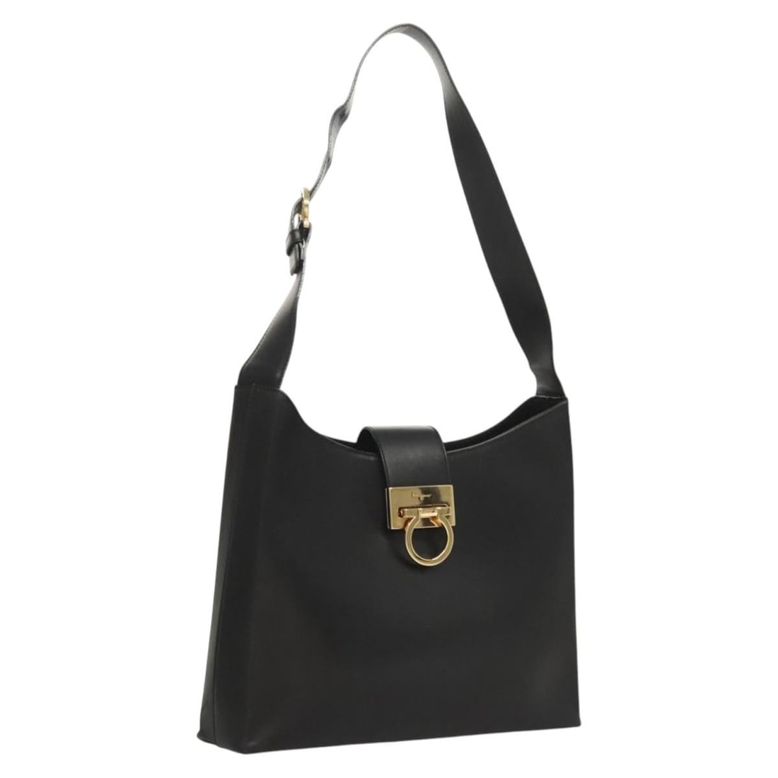 Salvatore Ferragamo Gancini Shoulder Bag Black Gold Leather Italy Auth (1 of 18)