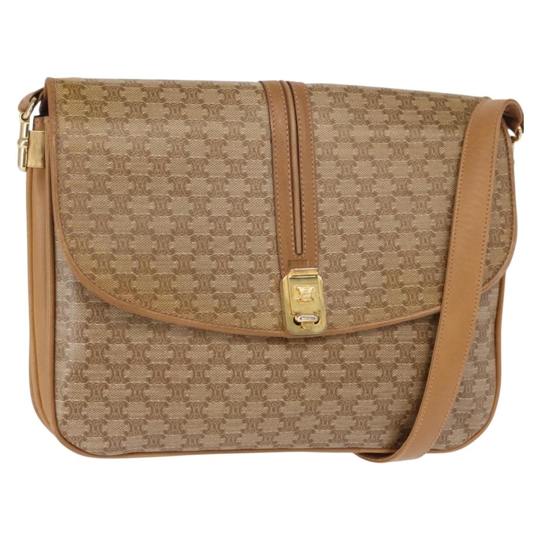 CELINE Macadam Canvas Shoulder Bag Brown Gold PVC Italy Auth: CELINE Macadam Canvas Shoulder Bag Brown Gold PVC Italy Auth This CELINE Macadam Canvas Shoulder Bag combines elegance and functionality. Crafted in Italy, it features a stylish brown and gold PVC lea