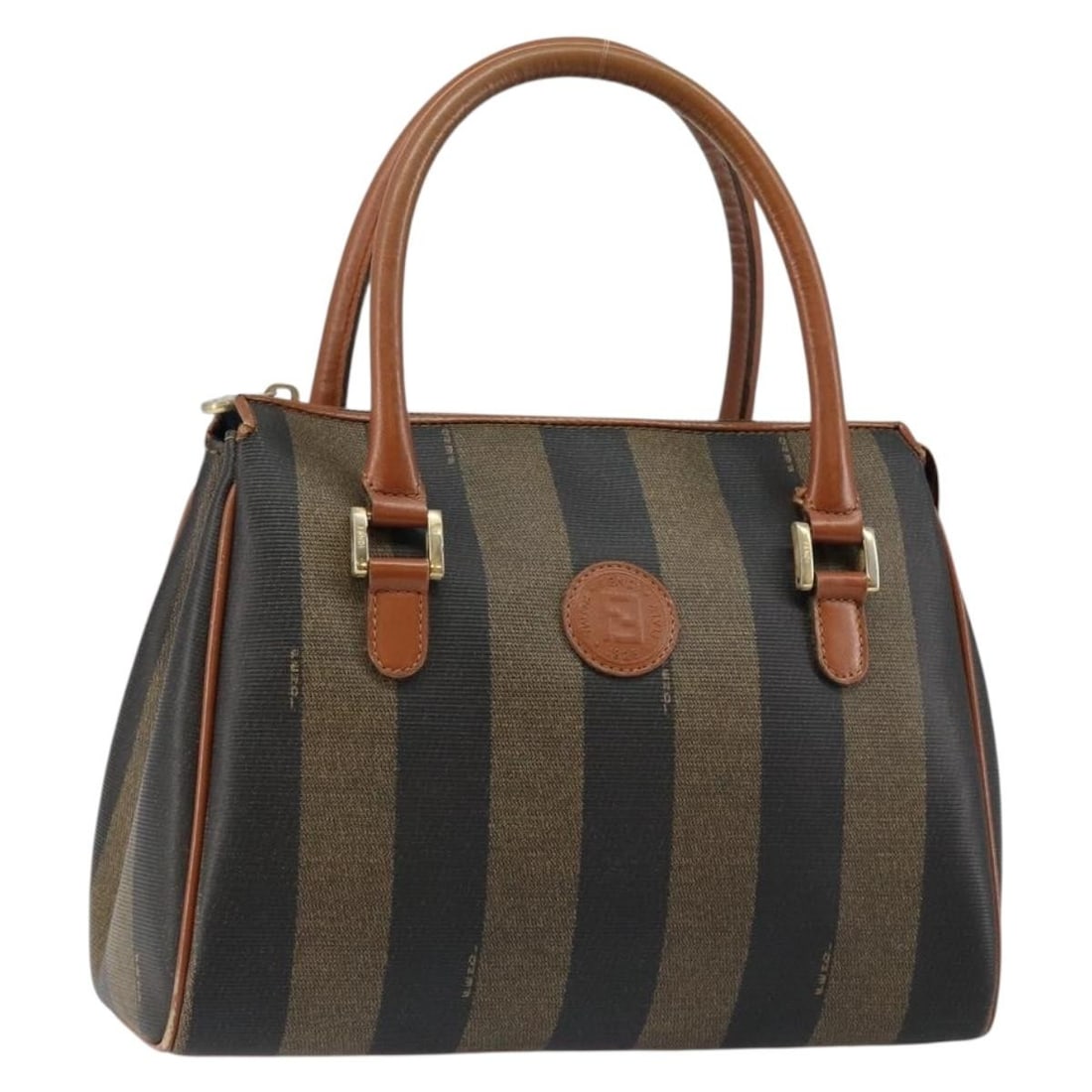 FENDI Pecan Canvas Hand Bag PVC Brown Gold Made in Italy: FENDI Pecan Canvas Hand Bag PVC Brown Gold Made in Italy This authentic Fendi hand bag showcases a stylish combination of brown and gold tones, crafted from durable PVC leather and Pequin canvas. Desi