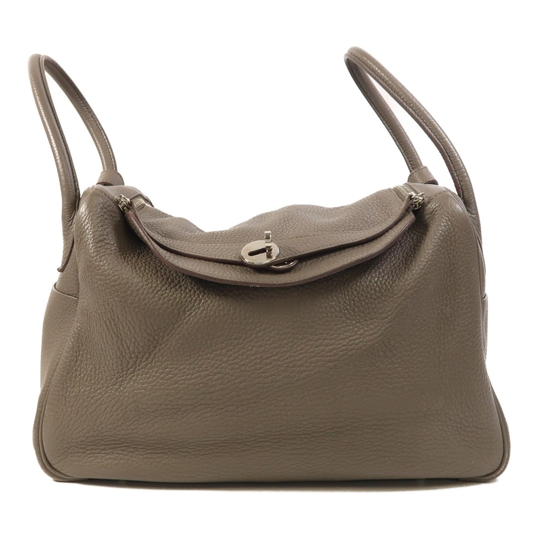 Etain Clemence Leather Lindy 34 Shoulder Bag by Hermes with Palladium Hardware: Etain Clemence Leather Lindy 34 Shoulder Bag by Hermes with Palladium Hardware This Hermes Lindy 34 two-way shoulder bag is crafted from Clemence calfskin leather in a sophisticated gray color. Made i