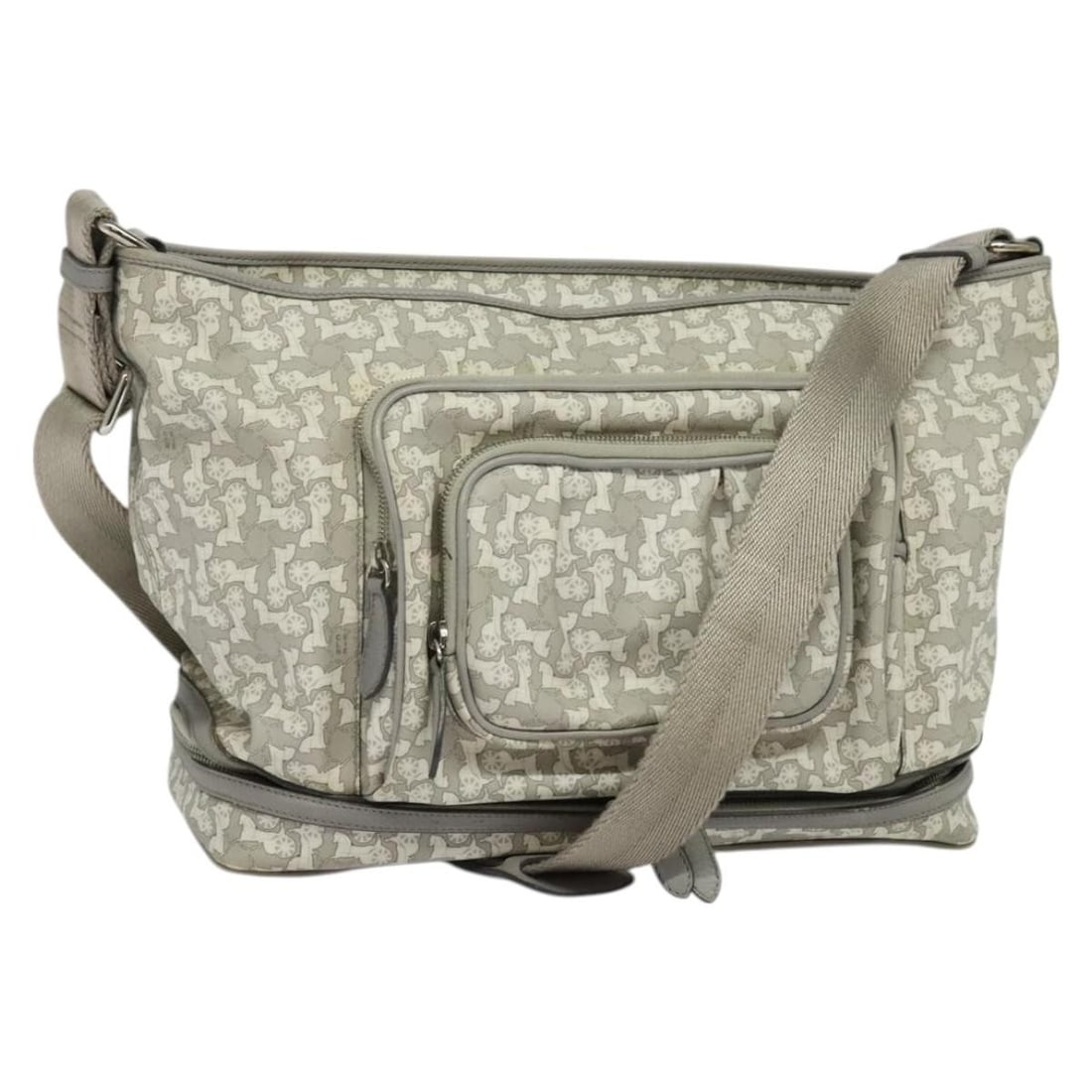 CELINE Gray Silver PVC Sulky Shoulder Bag Made in Italy: CELINE Gray Silver PVC Sulky Shoulder Bag Made in Italy The CELINE Sulky Shoulder Bag is crafted from high-quality PVC leather, showcasing a stylish gray and silver exterior. This bag features a spaci
