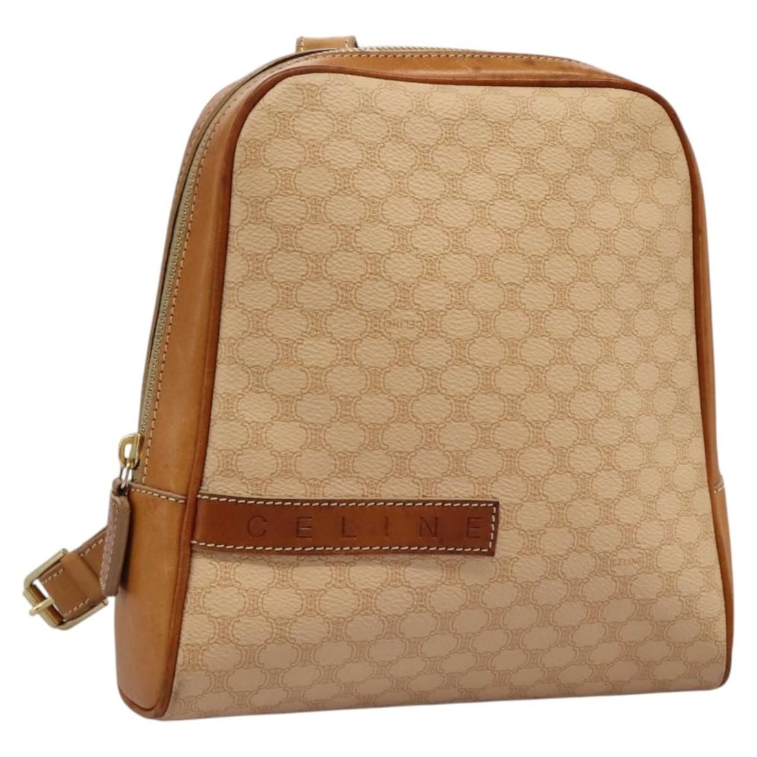 CELINE Beige PVC Leather Macadam Canvas Backpack Auth BD1038: CELINE Beige PVC Leather Macadam Canvas Backpack Auth BD1038 This authentic CELINE Macadam Canvas Backpack combines style and functionality. Made from durable PVC leather, it features a chic beige ext