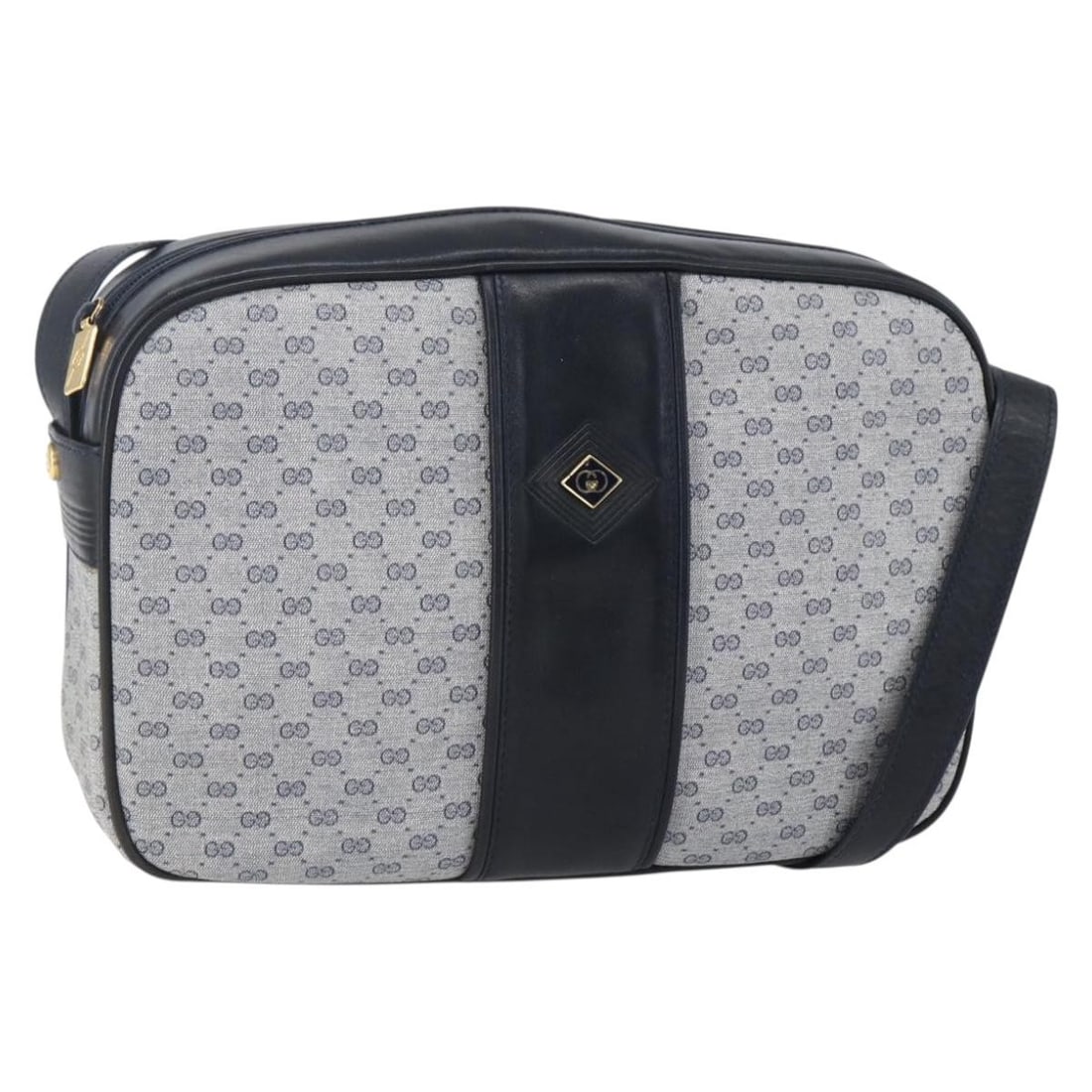GUCCI Micro GG Canvas Shoulder Bag PVC Leather Navy Gold Italy Auth: GUCCI Micro GG Canvas Shoulder Bag PVC Leather Navy Gold Italy Auth This authentic GUCCI Micro GG Canvas Shoulder Bag features a stylish combination of navy PVC leather and gold accents. With dimensio