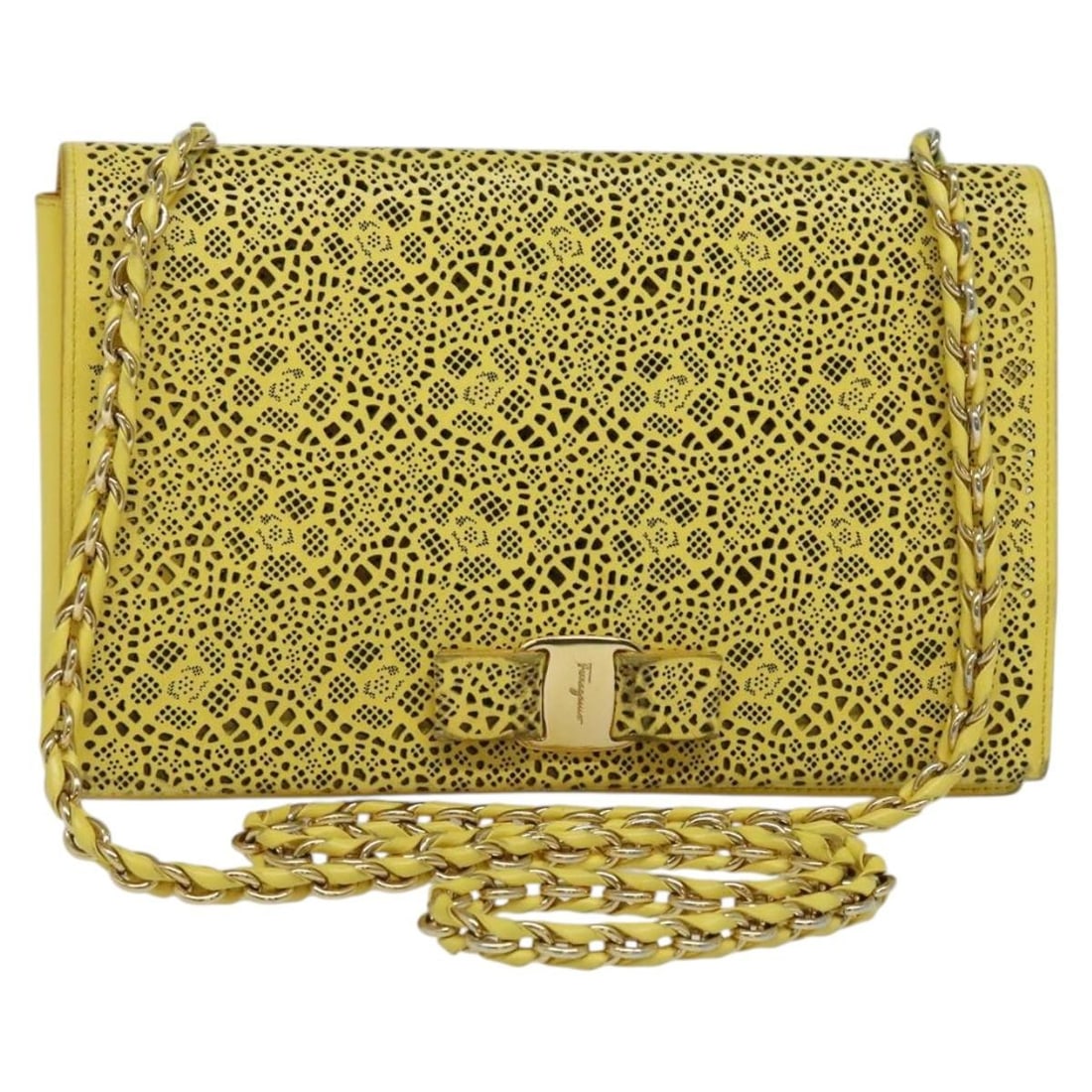 Salvatore Ferragamo Vala Chain Shoulder Bag Yellow Leather Silver Made in Italy (1 of 18)
