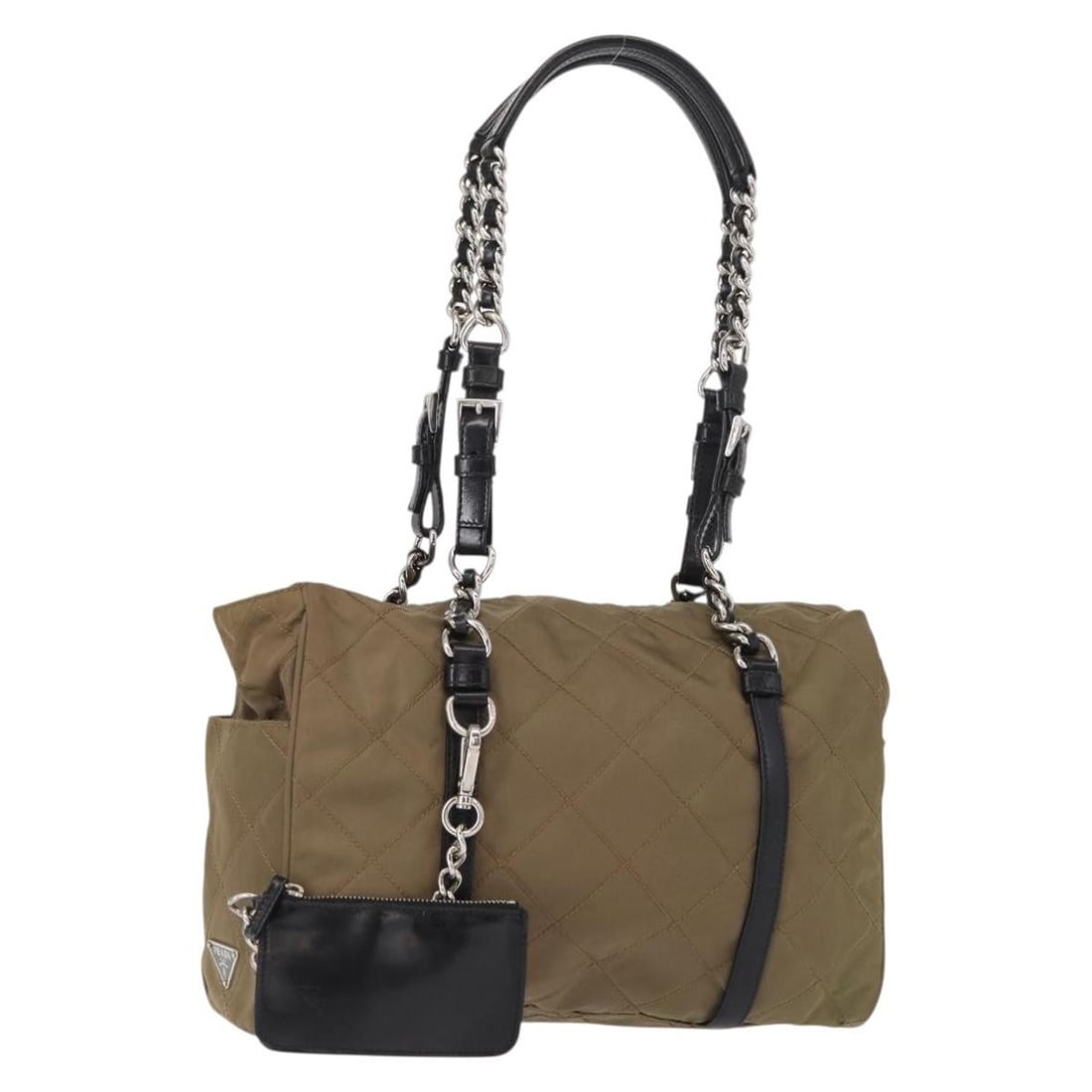 PRADA Beige Silver Nylon Chain Shoulder Bag Authentic Italy: PRADA Beige Silver Nylon Chain Shoulder Bag Authentic Italy This authentic PRADA Chain Shoulder Bag combines stylish functionality with high-quality materials. Crafted in Italy, the bag features a dur