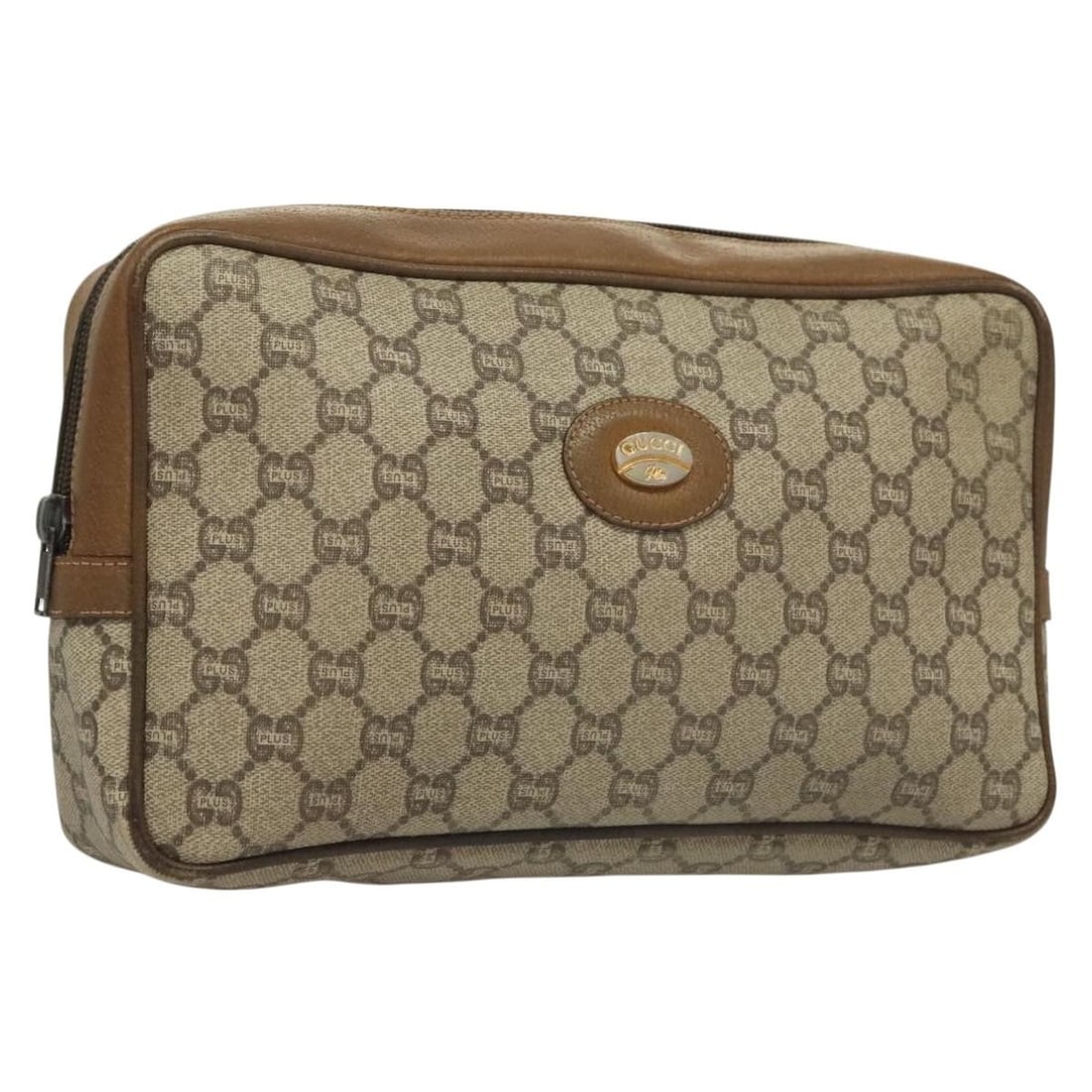 GUCCI GG Plus Supreme Beige Gold PVC Clutch Bag Made in Italy: GUCCI GG Plus Supreme Beige Gold PVC Clutch Bag Made in Italy This GUCCI GG Plus Supreme Clutch Bag is an elegant accessory crafted from durable PVC leather in a sophisticated beige and gold color pal