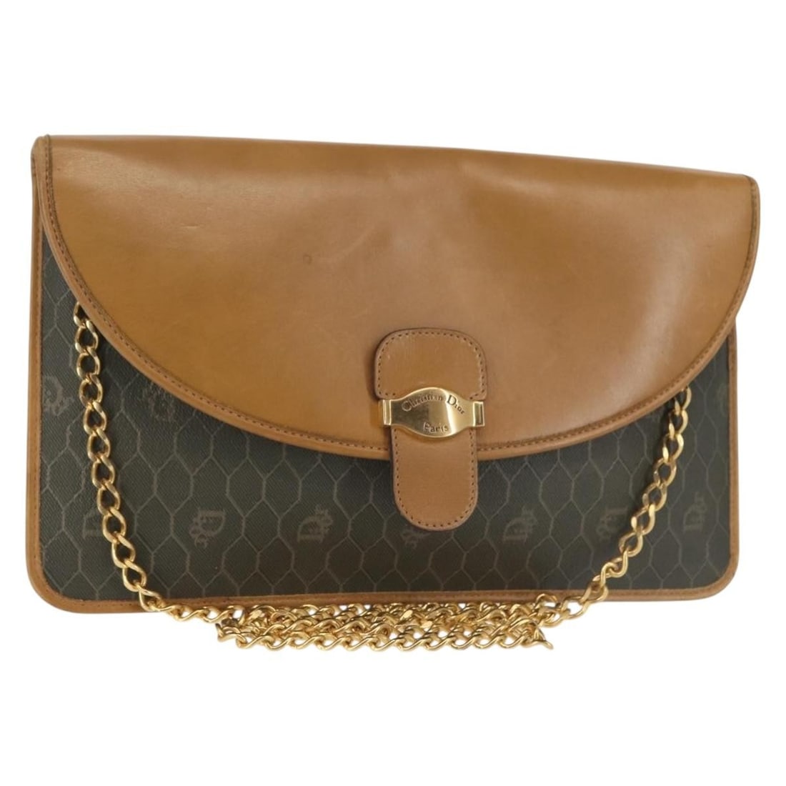 Christian Dior Honeycomb Canvas Shoulder Bag Brown Gold Made in France: Christian Dior Honeycomb Canvas Shoulder Bag Brown Gold Made in France This Christian Dior Honeycomb Canvas Chain Shoulder Bag exudes elegance with its sophisticated brown and gold color scheme. Craft