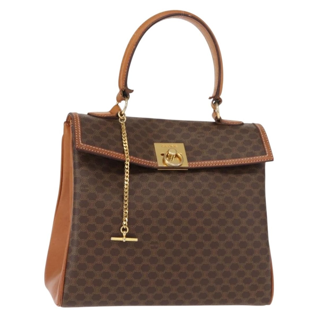 CELINE Macadam Canvas Hand Bag PVC Leather Brown Gold Made in Italy: CELINE Macadam Canvas Hand Bag PVC Leather Brown Gold Made in Italy This authentic CELINE Macadam Canvas Hand Bag is a stylish accessory made in Italy, featuring a chic combination of brown PVC leathe