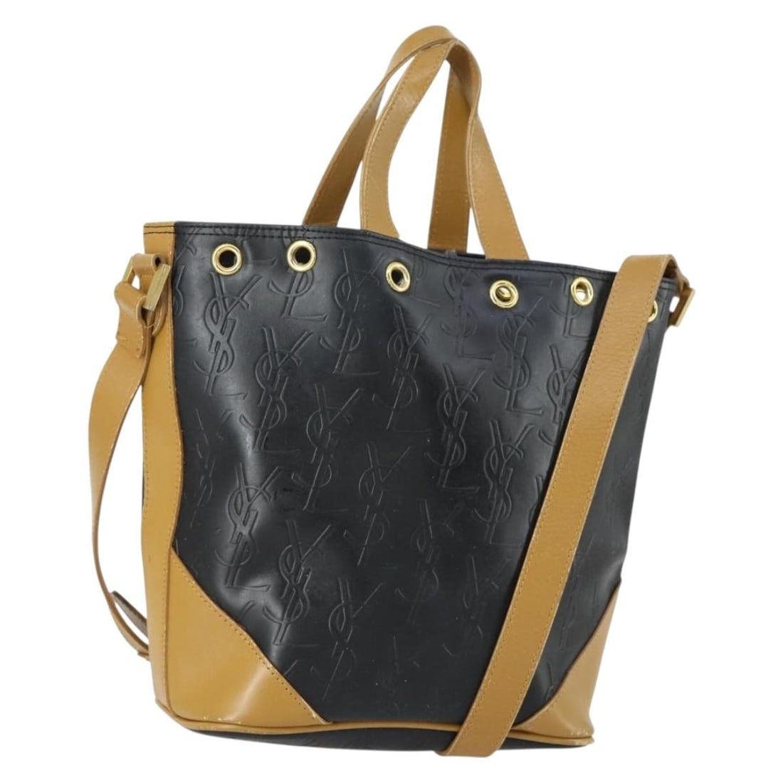 Black and Brown Leather Two Way SAINT LAURENT Handbag with Shoulder Strap: Black and Brown Leather Two Way SAINT LAURENT Handbag with Shoulder Strap This SAINT LAURENT hand bag features a black, brown, and gold color scheme and is crafted from leather and PVC. Designed for v