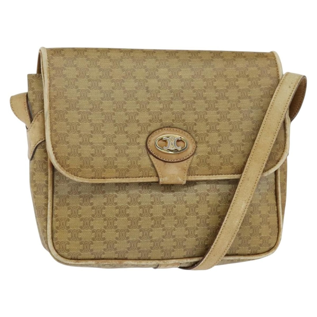 CELINE Beige Gold Macadam Canvas Shoulder Bag Italy Authentic: CELINE Beige Gold Macadam Canvas Shoulder Bag Italy Authentic Introducing the CELINE Macadam Canvas Shoulder Bag, a chic accessory that combines elegance with practicality. This stunning bag features