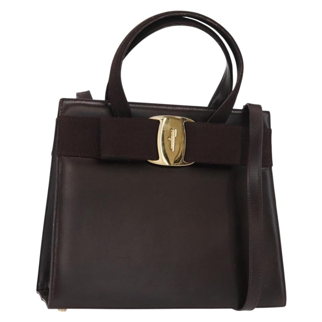 Salvatore Ferragamo Vala 2-Way Leather Hand Bag Brown Gold Italy Auth BA8398: Salvatore Ferragamo Vala 2-Way Leather Hand Bag Brown Gold Italy Auth BA8398 This Salvatore Ferragamo Vala Hand Bag is a stylish and functional accessory crafted from high-quality leather. The bag fea