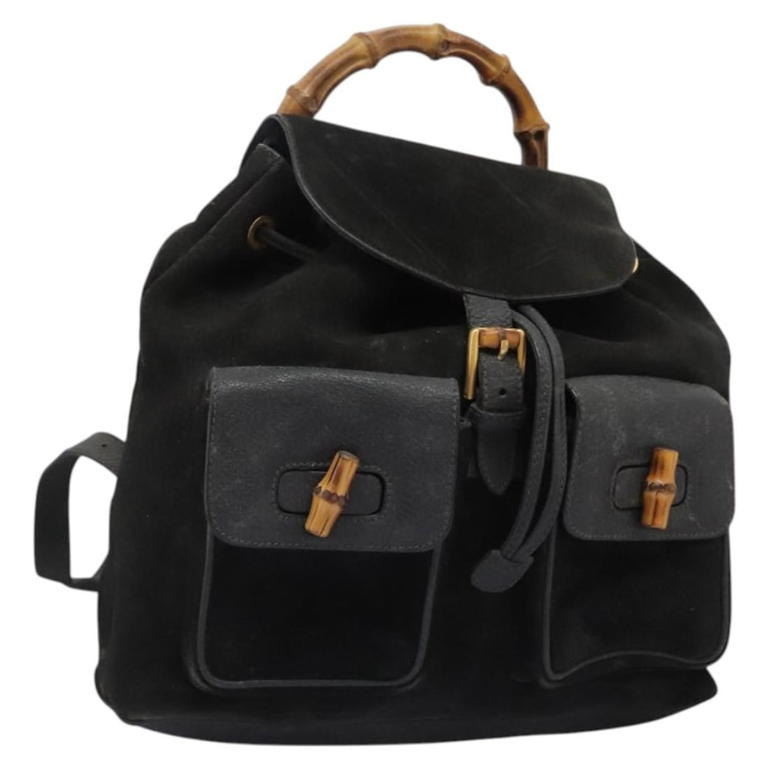 GUCCI Bamboo Suede Backpack Black Gold 003 1998 0016 Authentic: GUCCI Bamboo Suede Backpack Black Gold 003 1998 0016 Authentic This authentic GUCCI Bamboo Backpack is a stylish blend of luxury and practicality, crafted from soft suede in a striking black and gold