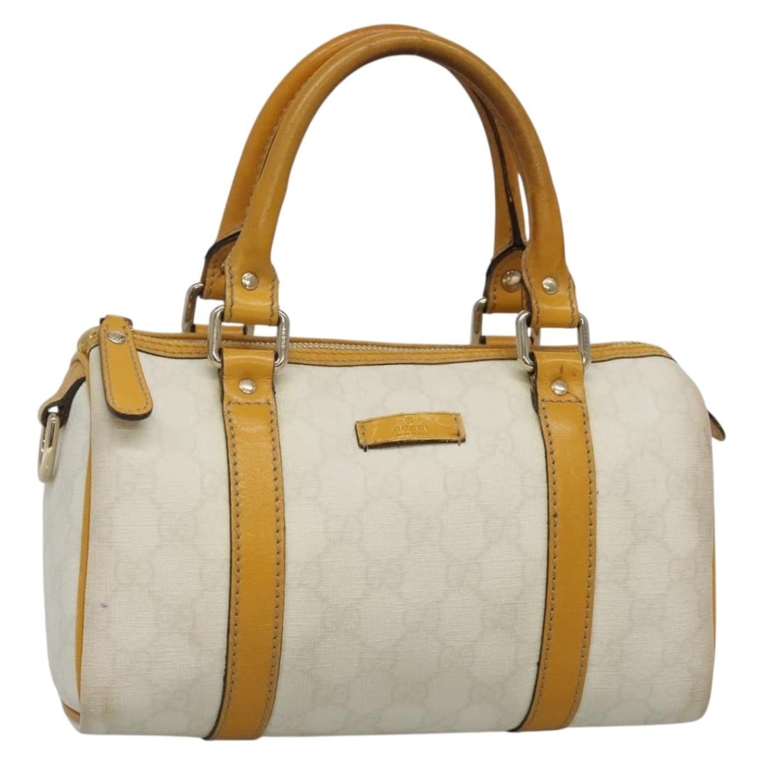 GUCCI GG Supreme PVC Hand Bag White Gold 193604 Authentic: GUCCI GG Supreme PVC Hand Bag White Gold 193604 Authentic This stylish GUCCI GG Supreme Hand Bag is crafted from durable PVC leather in a striking white and gold color scheme. Measuring approximately