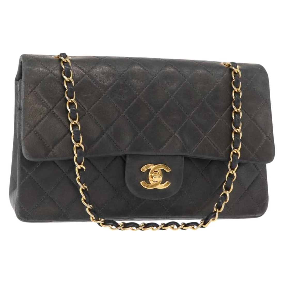 CHANEL Matelasse 25 Double Flap Navy Gold Lamb Skin Shoulder Bag Auth: CHANEL Matelasse 25 Double Flap Navy Gold Lamb Skin Shoulder Bag Auth This exquisite CHANEL Matelasse 25 Double Flap Chain Bag is crafted from luxurious lambskin in a striking navy and gold color comb