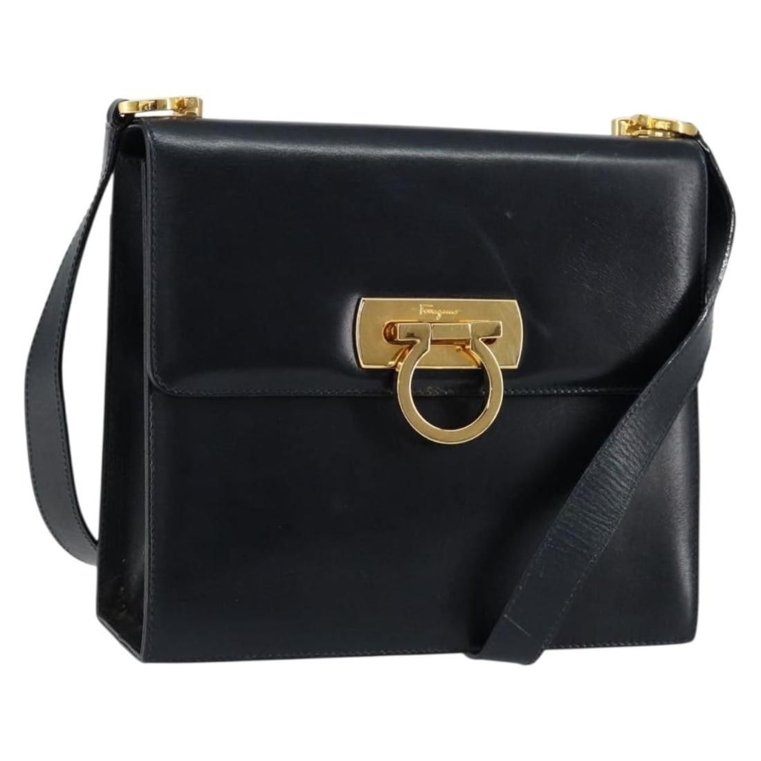 Salvatore Ferragamo Navy Gold Leather Shoulder Bag Auth E216153 (1 of 18)