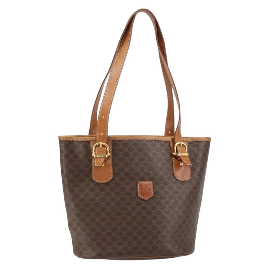 CELINE Macadam Brown Gold PVC Leather Tote Bag Auth Italy: CELINE Macadam Brown Gold PVC Leather Tote Bag Auth Italy This authentic CELINE Macadam Canvas Tote Bag combines luxury and practicality, featuring a stylish brown and gold color scheme. Crafted in It