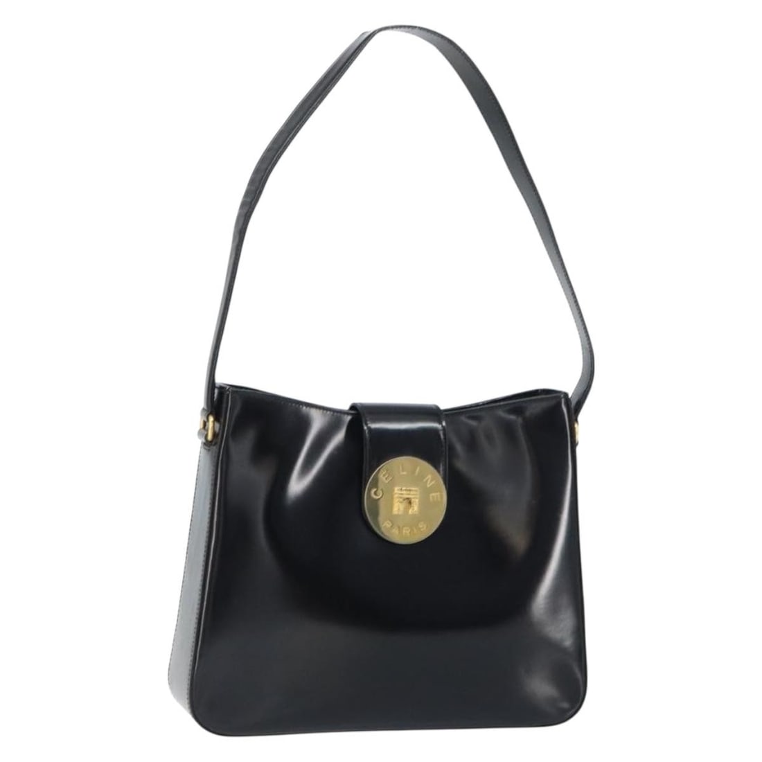 CELINE Black Gold Enamel Shoulder Bag Authentic Italy: CELINE Black Gold Enamel Shoulder Bag Authentic Italy This CELINE shoulder bag showcases a sophisticated design with a chic black and gold enamel exterior. Measuring approximately 11.4 inches in lengt