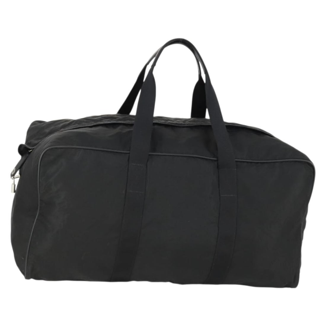 Prada Black Nylon Boston Style Handbag with Silver Tone Accents: Prada Black Nylon Boston Style Handbag with Silver Tone Accents This PRADA Boston Bag features a black nylon exterior with silver-tone details. The bag is made in Italy and includes a padlock accessor