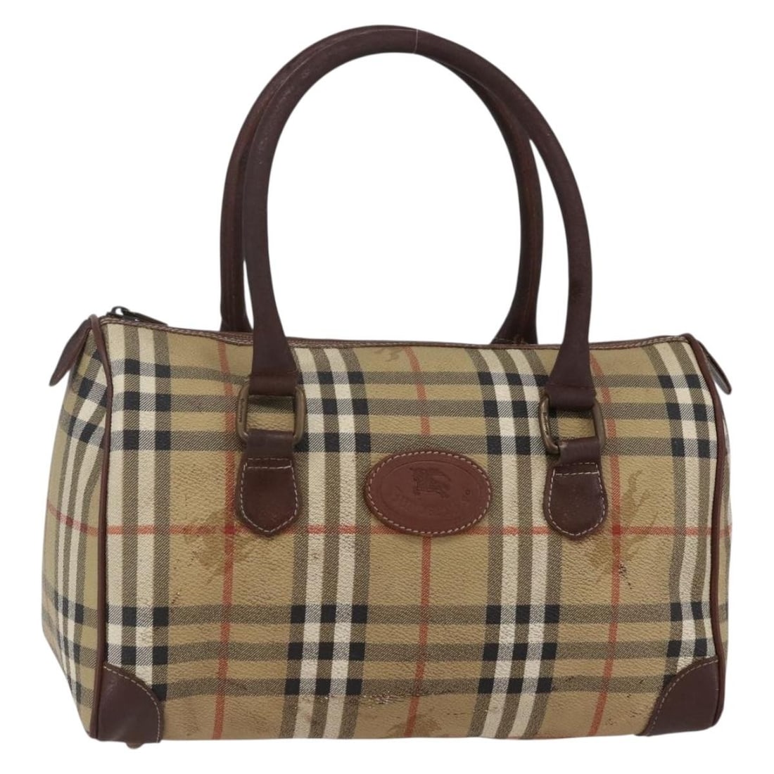 Burberrys Beige PVC Mini Boston Bag with Nova Check and Shoulder Strap: Burberrys Beige PVC Mini Boston Bag with Nova Check and Shoulder Strap This Burberrys Nova Check Mini Boston Bag features classic beige and gold PVC leather with the iconic Nova Check pattern. The bag