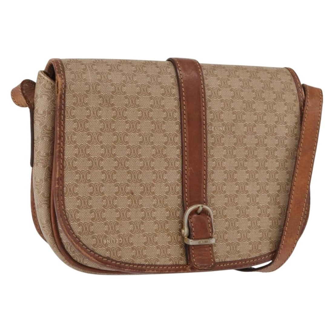 Celine Macadam Beige and Gold PVC Canvas Shoulder Bag: Celine Macadam Beige and Gold PVC Canvas Shoulder Bag This CELINE Macadam shoulder bag features a beige and gold PVC leather and canvas exterior with the signature Macadam pattern. The bag is made in