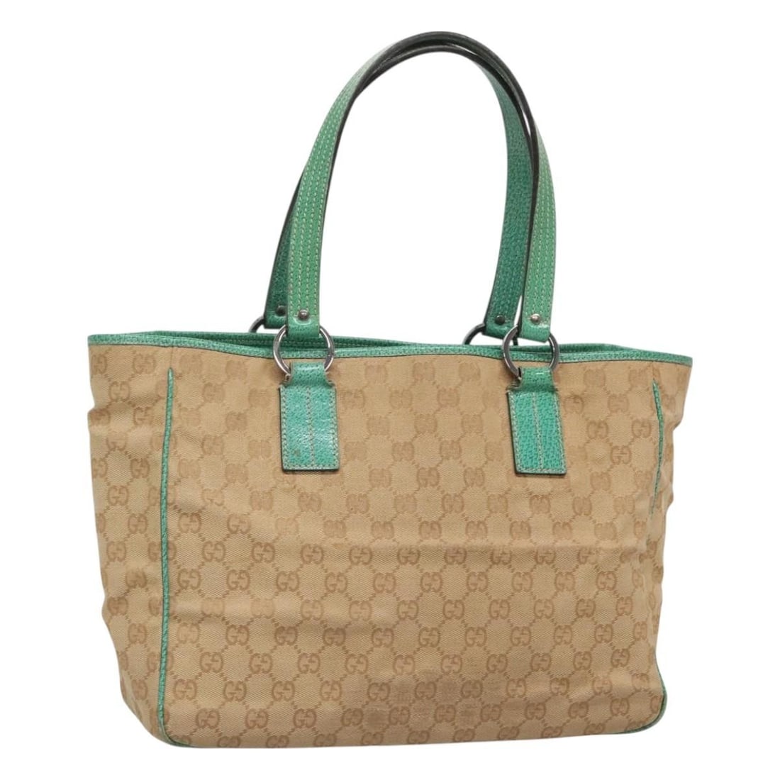 Beige Green Silver GG Canvas Gucci 113017 Tote Bag from Italy: Beige Green Silver GG Canvas Gucci 113017 Tote Bag from Italy This is a Gucci GG Canvas tote bag in beige, green, and silver. The bag features a spacious main compartment, dual top handles, and is cra