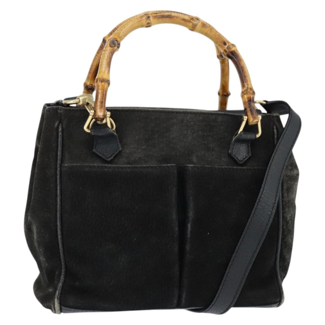 GUCCI Bamboo Black Gold Suede Hand Bag Italy Auth 000 1046 0290 (1 of 18)