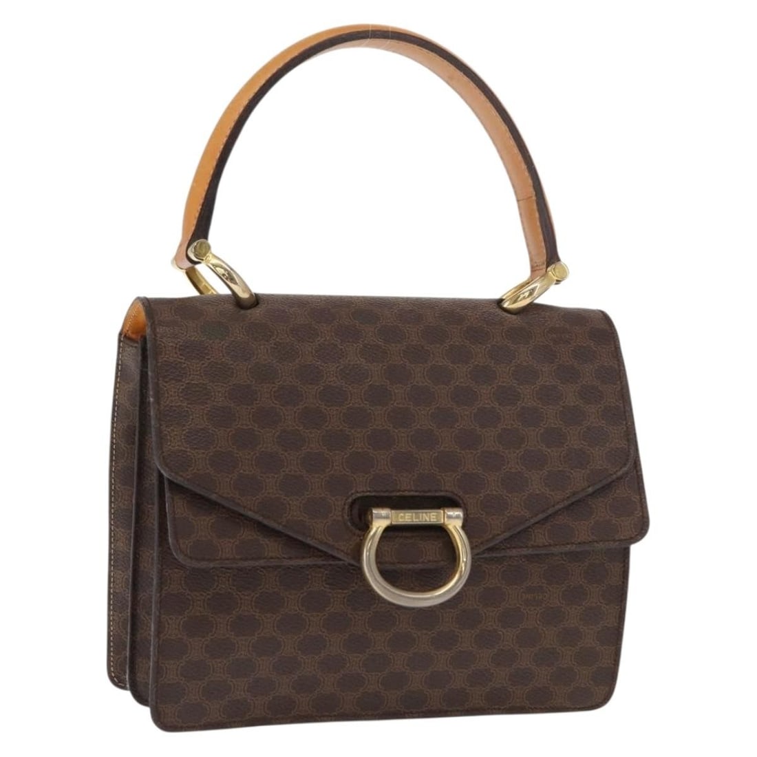 CELINE Brown Gold Macadam Hand Bag PVC Leather Italy Auth: CELINE Brown Gold Macadam Hand Bag PVC Leather Italy Auth This Celine Macadam Canvas Hand Bag features a stylish combination of PVC leather in brown and gold. Crafted in Italy, this bag showcases a ch
