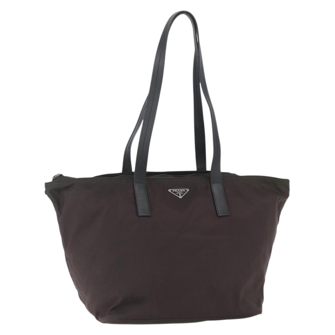 Prada Brown Nylon Tote Bag with Silver Accents from Italy: Prada Brown Nylon Tote Bag with Silver Accents from Italy This is a PRADA tote bag crafted from brown nylon with silver-tone accents. The bag features dual handles and offers a spacious interior, suit