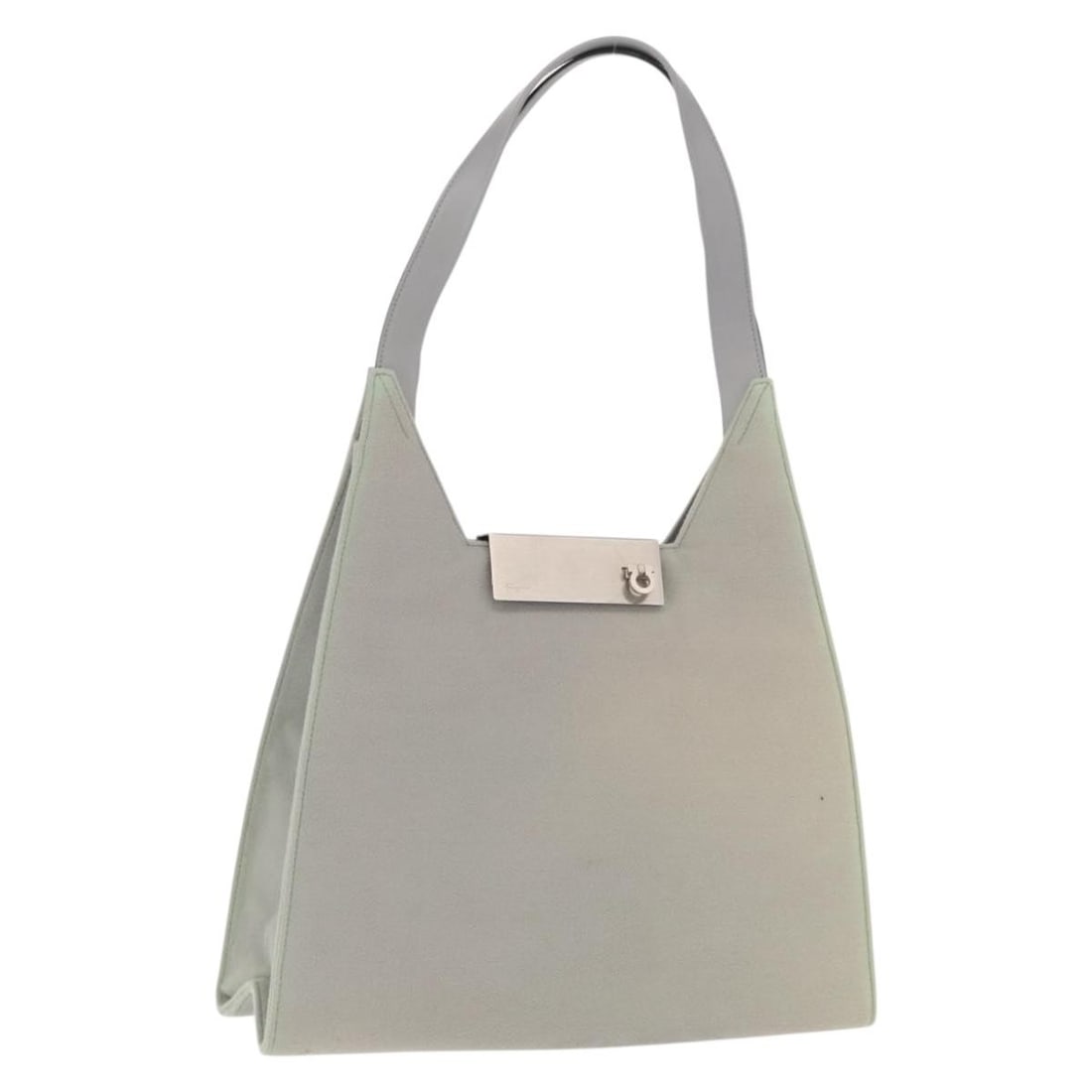 Suede Gancini Shoulder Purse Gray Silver by Salvatore Ferragamo Italy: Suede Gancini Shoulder Purse Gray Silver by Salvatore Ferragamo Italy This Salvatore Ferragamo Gancini shoulder bag features gray and silver suede with silver-tone hardware. The bag has a structured d