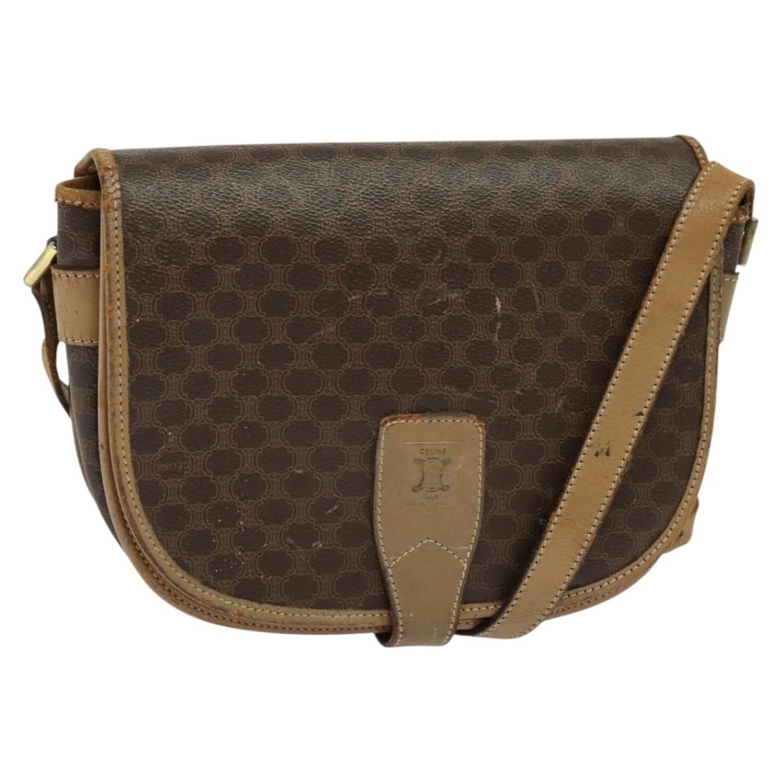 CELINE Macadam Canvas Brown Gold Shoulder Bag PVC Leather Made in Italy: CELINE Macadam Canvas Brown Gold Shoulder Bag PVC Leather Made in Italy Elevate your accessory collection with this authentic CELINE Macadam Canvas Shoulder Bag. Crafted from durable PVC leather in a