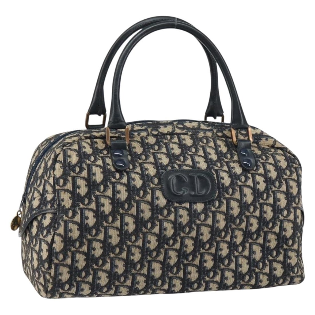 Navy Trotter Canvas Christian Dior Boston Bag with Gold Accents: Navy Trotter Canvas Christian Dior Boston Bag with Gold Accents This Christian Dior Boston bag features the iconic Trotter canvas in a navy and gold color scheme. Made in France, it offers a classic B