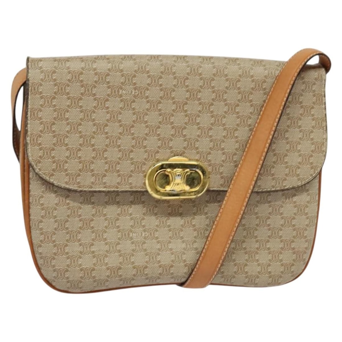 CELINE Macadam Canvas Shoulder Bag Beige Gold PVC Made in Italy: CELINE Macadam Canvas Shoulder Bag Beige Gold PVC Made in Italy This Celine Macadam Canvas Shoulder Bag is a chic accessory crafted from durable PVC leather and features a stylish beige and gold exter