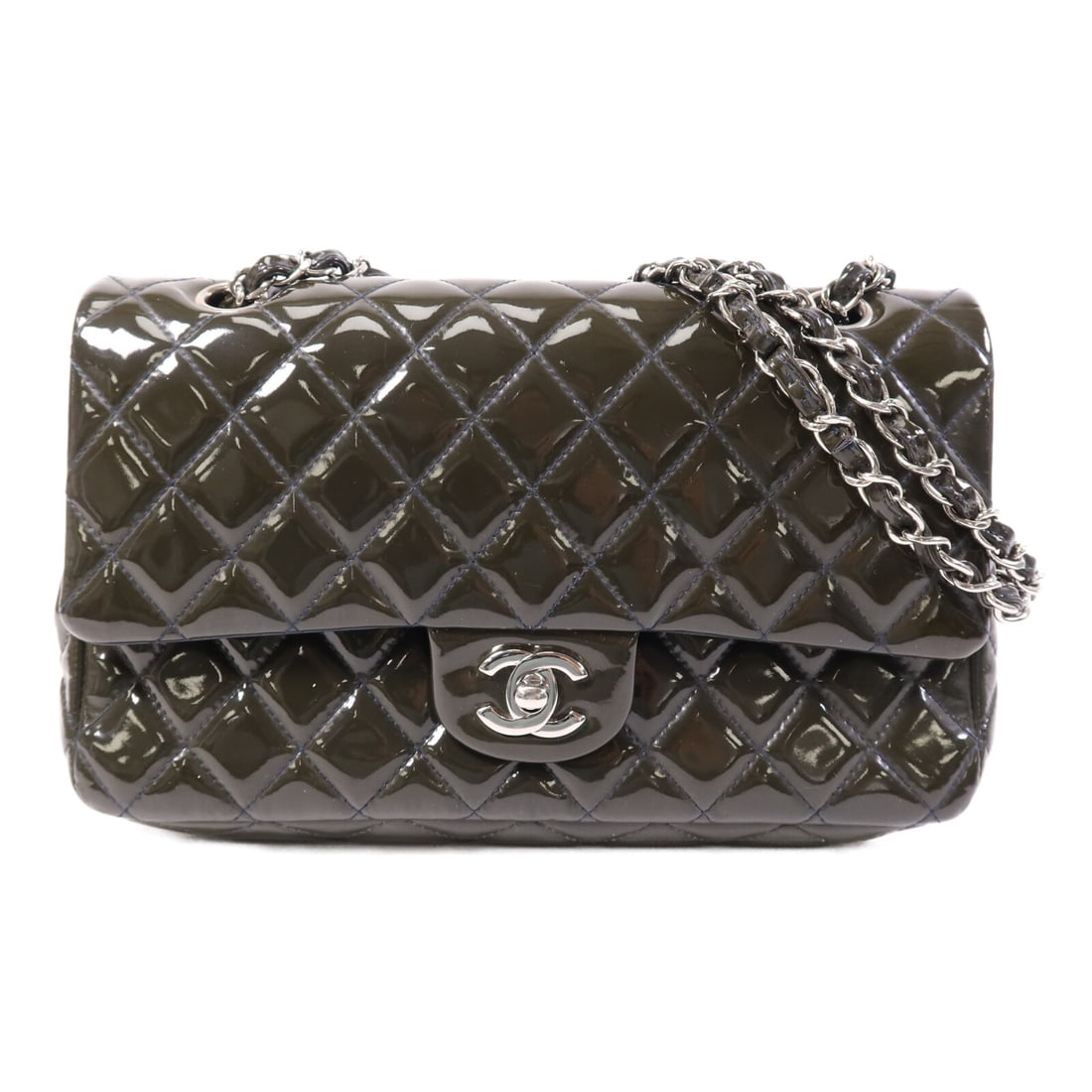 Green Patent Leather CHANEL Classic 25 Chain Shoulder Bag A01112 SHW: Green Patent Leather CHANEL Classic 25 Chain Shoulder Bag A01112 SHW This CHANEL Classic 25 Chain Shoulder Bag features a green patent leather exterior and a classic chain strap design. The bag is cra