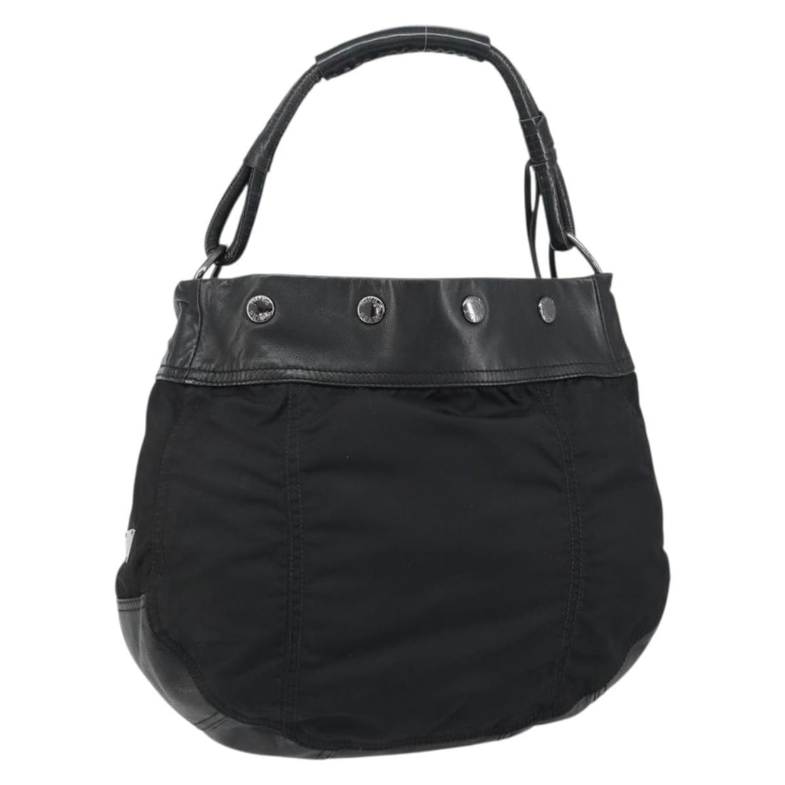 PRADA Black Nylon Shoulder Bag Silver Accents Auth Italy: PRADA Black Nylon Shoulder Bag Silver Accents Auth Italy This PRADA shoulder bag showcases a stylish blend of nylon and leather, characterized by its sleek black and silver color combination. Designed