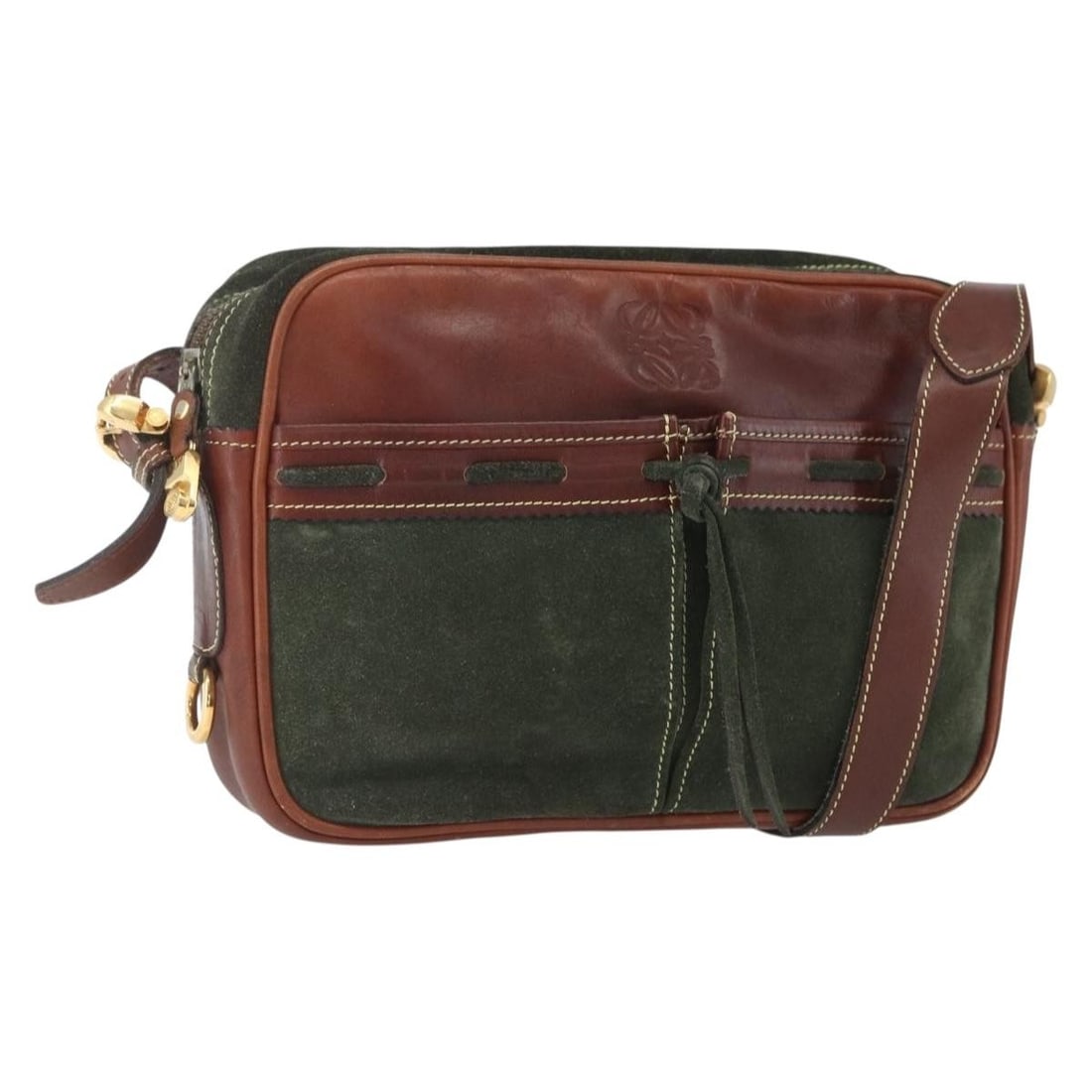 Loewe Khaki Suede Shoulder Bag with Gold Tone Accents: Loewe Khaki Suede Shoulder Bag with Gold Tone Accents This LOEWE shoulder bag features a khaki suede exterior accented with gold-tone details. Crafted in Spain, the bag is designed with a structured s