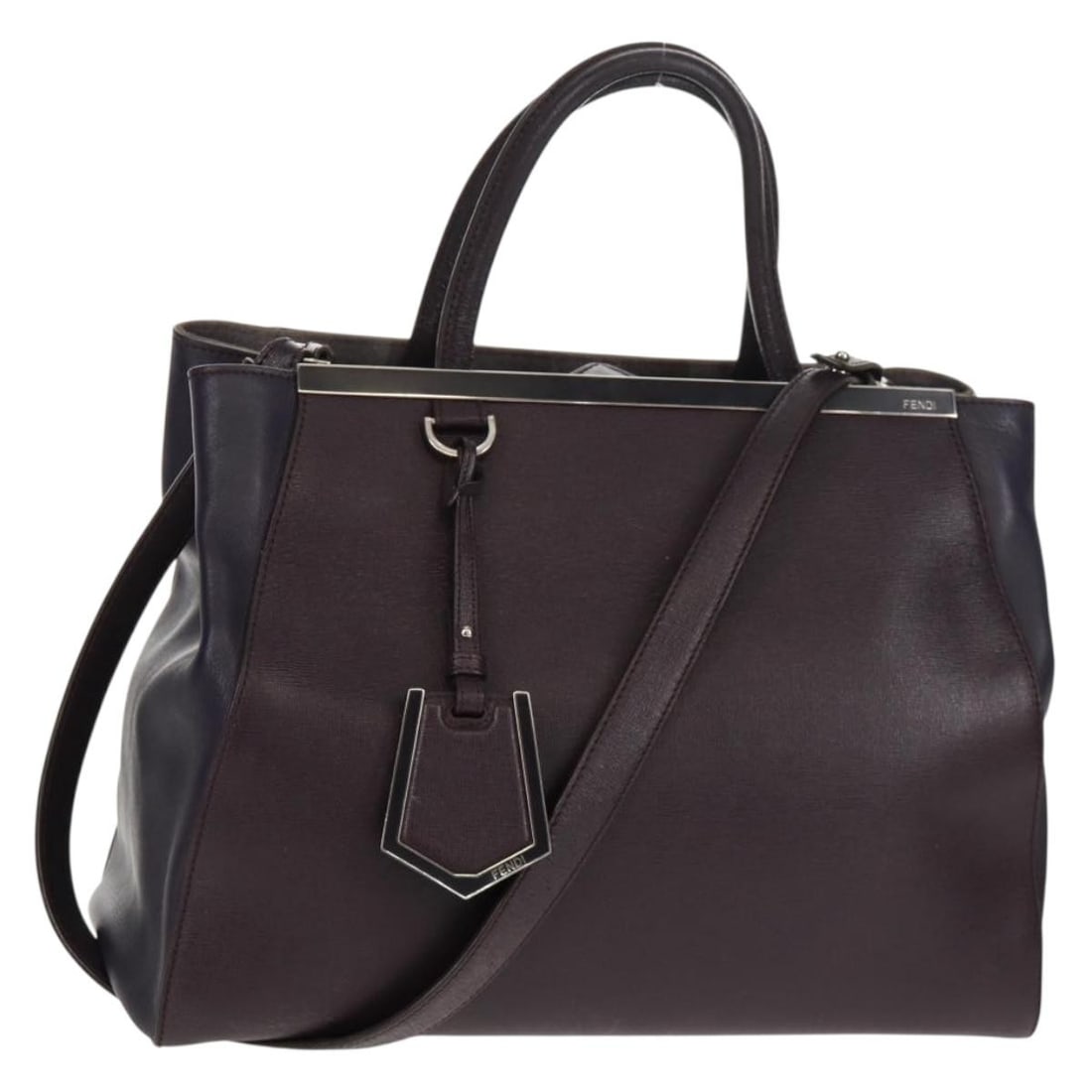 Fendi 2Jours Purple Leather Handbag with Shoulder Strap and Silver Accents: Fendi 2Jours Purple Leather Handbag with Shoulder Strap and Silver Accents This FENDI 2 JOURS handbag is crafted from leather in a striking purple and silver color combination. It features both top ha
